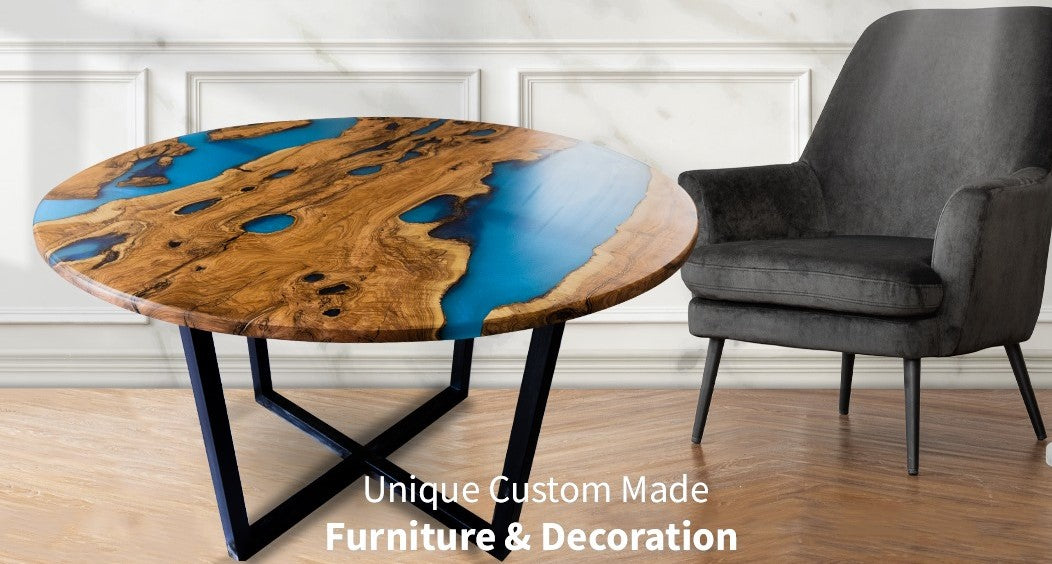 Epoxy Resin Olive Wood Round Dining Table/Modern Table Blue 48 X 48 X 31 inches Handmade
