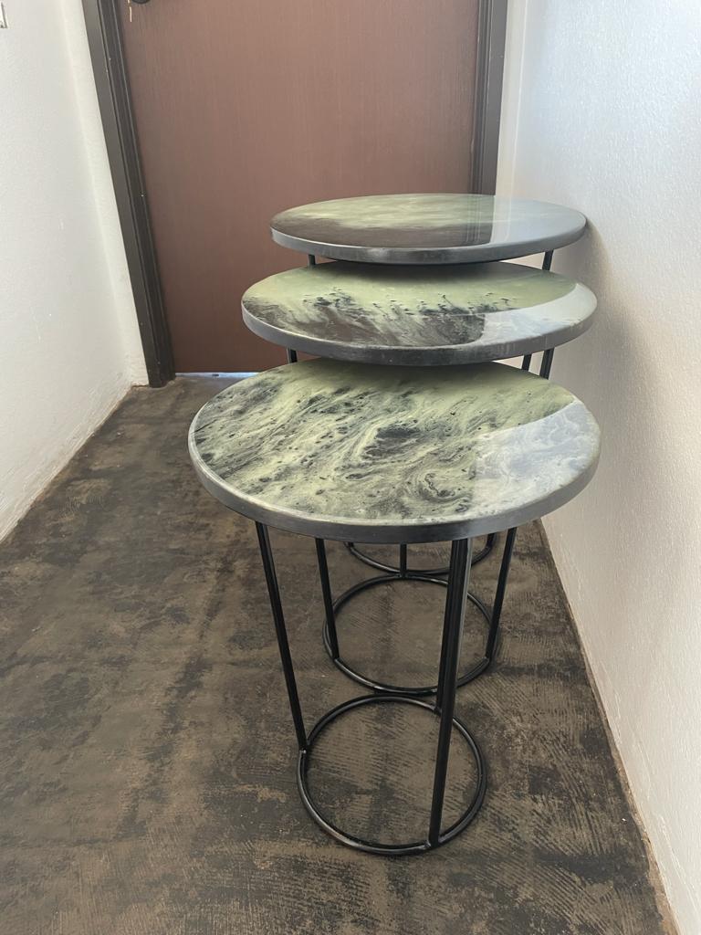 Green Moon Resin Epoxy Round Side Tables Set of 3 Hand made Epoxy Resin Coffee & End Tables