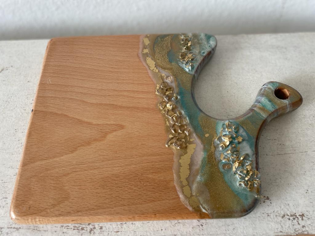 Square Shore Themed Resin Epoxy Wood Charcuterie Board with Circle Handle / Cheese Board/ Serving Board. Hand made