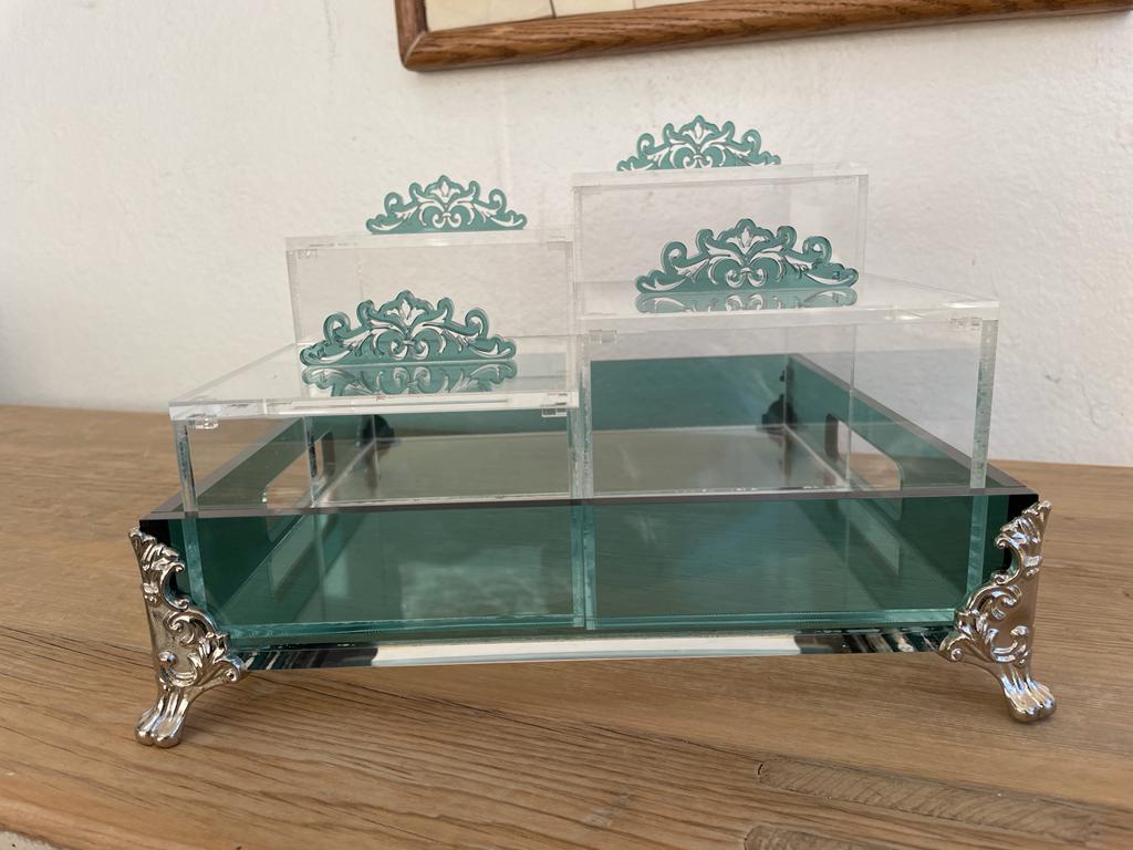 Acrylic Condiments Organizer Decorative Tray With Aluminum Legs 4 Containers Organizer (Multiple Colors) Square Shape Tray Handmade