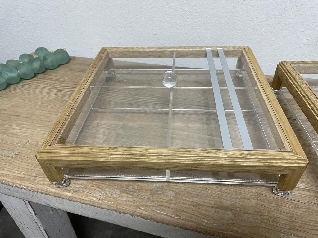 Square Acrylic Service Tray with Wood Frame Decorative Tray Handmade 4 Containers with Cover (Multiple Cover Designs)