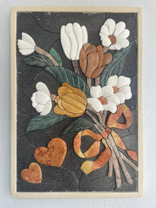 Hearts & Flowers Marble Mosaic 3D Wall Art (Natural Stone) Black Background 25 X 17.5 inches/ Handmade/ Gift