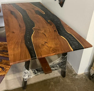 Epoxy Resin Acacia Wood Rectangular Dining Table/Modern Table Dark Gray 84.3 X 41.2 X 31 inches Handmade