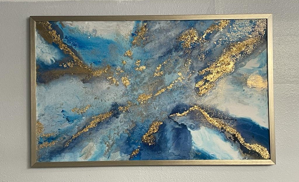 Rectangular Blue Framed Hand Acrylic Painting Wall Art with Gold Paper/foil 53 X 33 Handmade Gift