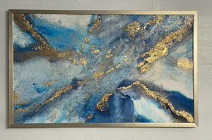 Rectangular Blue Framed Hand Acrylic Painting Wall Art with Gold Paper/foil 53 X 33 Handmade Gift