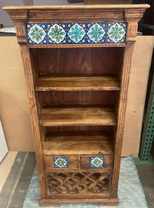 Handmade Vintage Antique Indian Wood Cabinet with Painted Tiles | Antique Indian Cabinet| Teak Wood