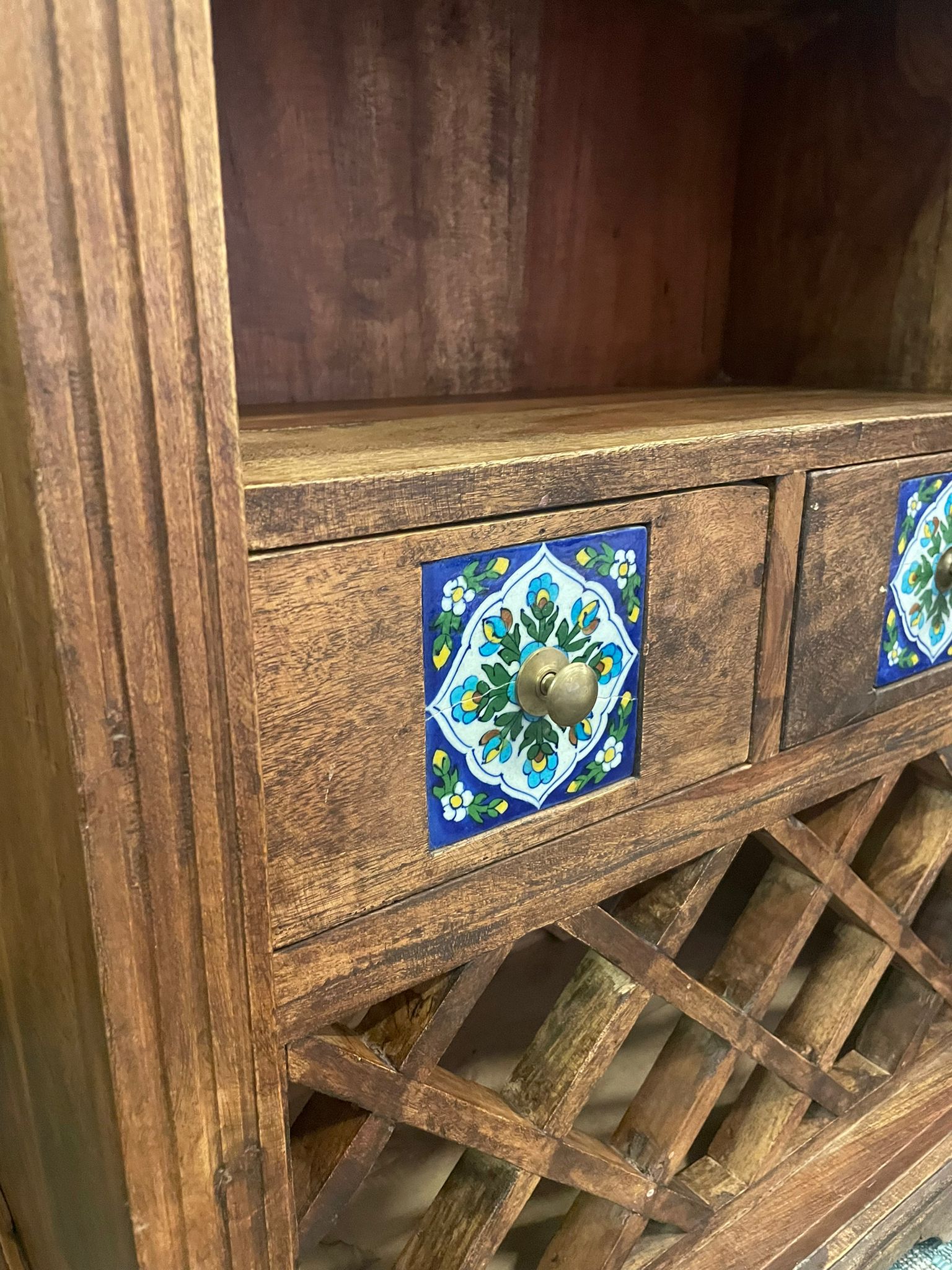 Handmade Vintage Antique Indian Wood Cabinet with Painted Tiles | Antique Indian Cabinet| Teak Wood