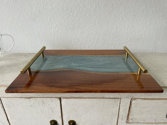 Rectangular Resin Epoxy Solid Wood Serving Tray Hand made