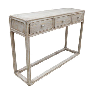 Peking Console Table With 3 Drawers-Weathered White Wash Small ( Handmade ).
