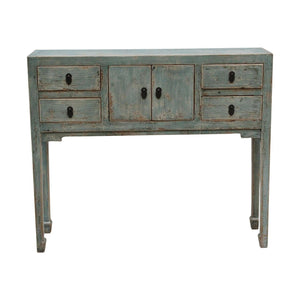 Antique Four Drawers Console Table Weathered Soft Aqua (Handmade).