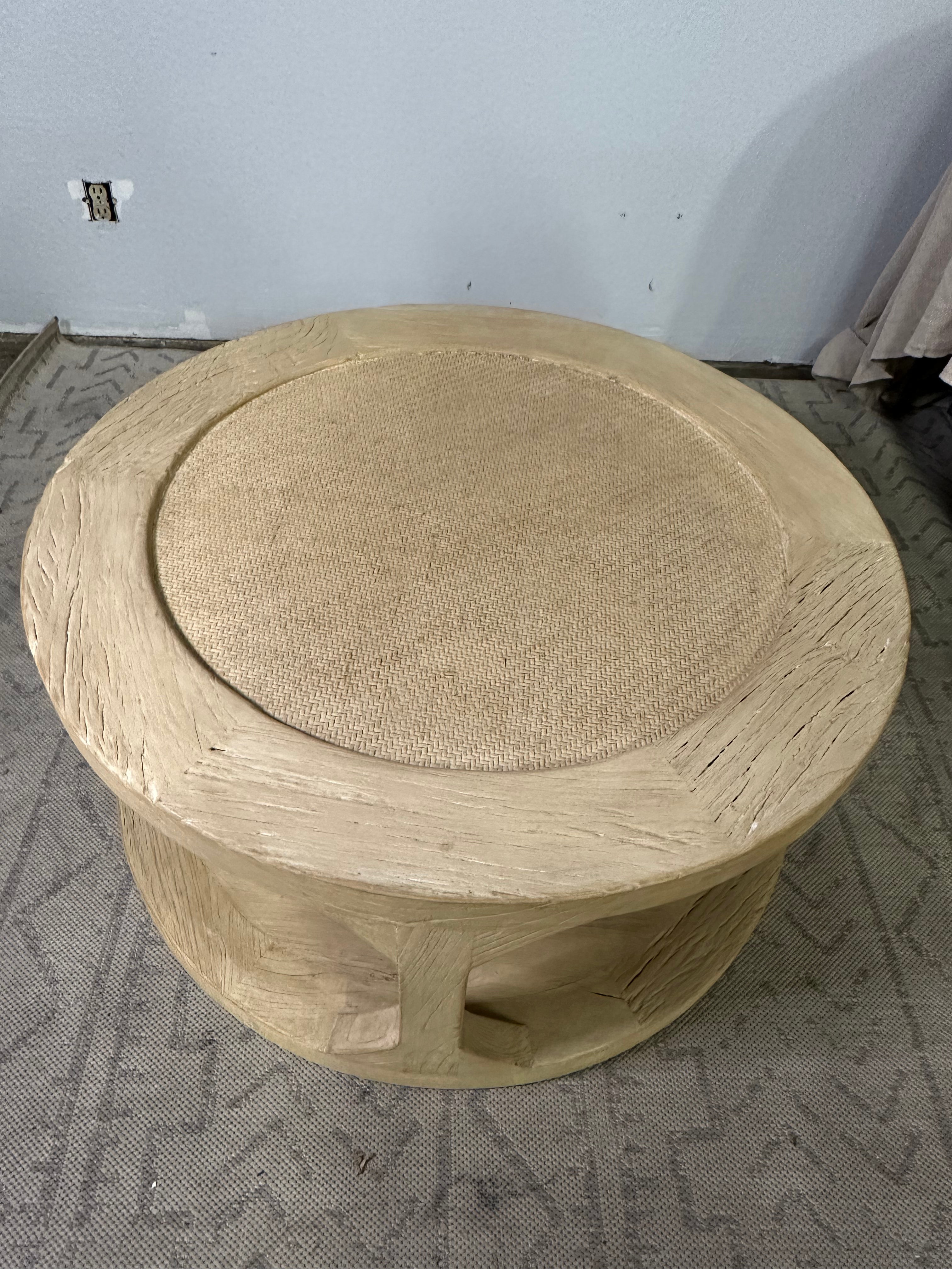 Antique Round Coffee Table Natural Wood With Rattan Top Whitewashed