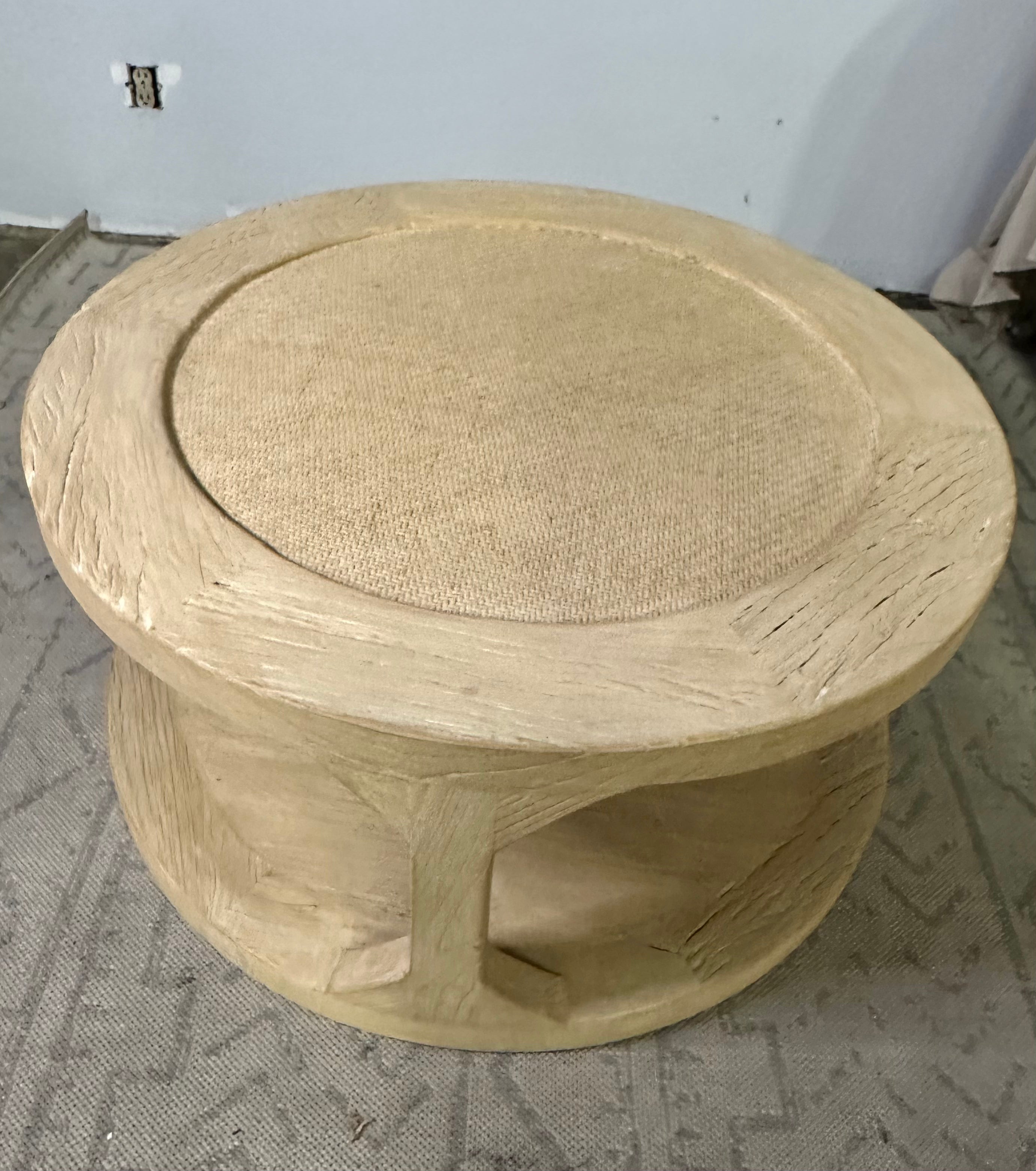 Antique Round Coffee Table Natural Wood With Rattan Top Whitewashed